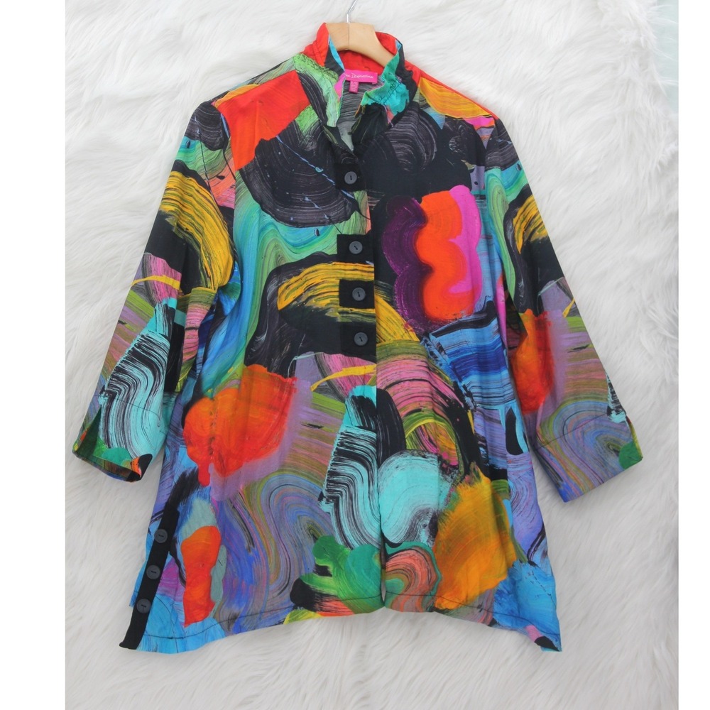 Claire Desjardins Abstract Maximalist Art To Wear Button Up Blouse Tunic Top XL